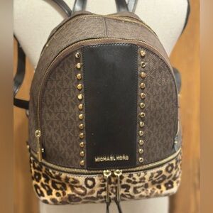 Rhea Medium Studded Logo and Leopard Calf Hair Backpack